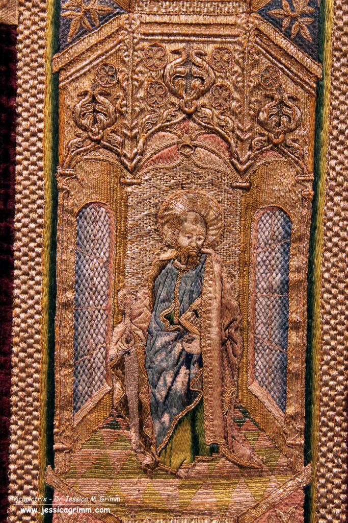 Embroidered orphrey of St Paul on the chasuble DePrez, Aosta Cathedral, Italy.