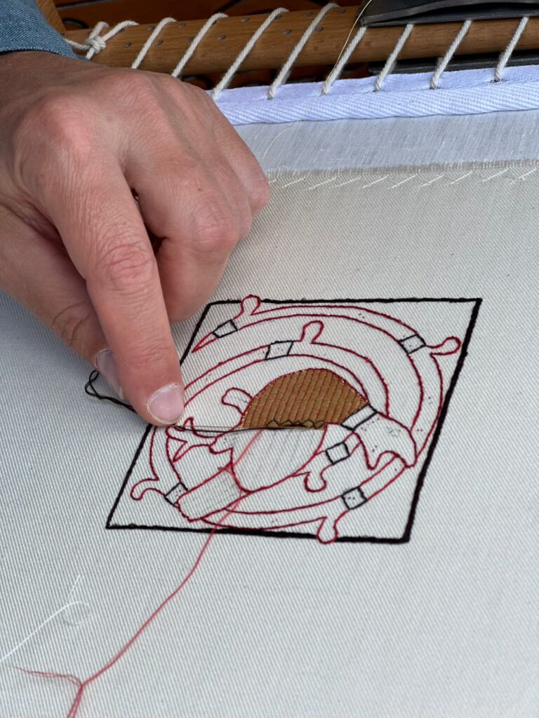 Acupictrix - Dr Jessica Grimm working Medieval Goldwork Embroidery on her slate frame in Uzbekistan.