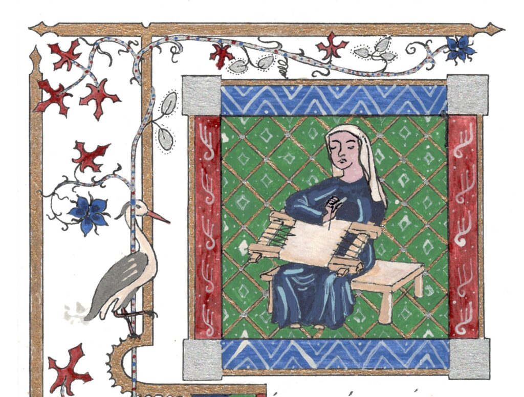 Late Medieval Embroidery Guilds - Hand-made illumination of a medieval lady embroidering. 