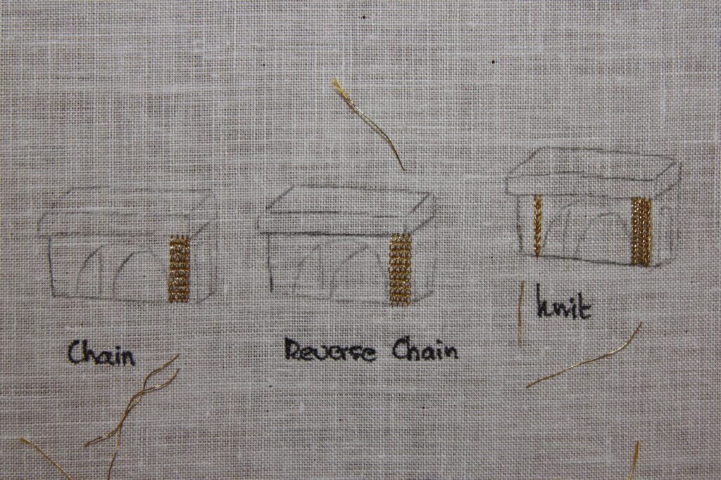 Embroidery stitch identification - Embroidery samples showing different embroidery stitches made with the same gold thread.