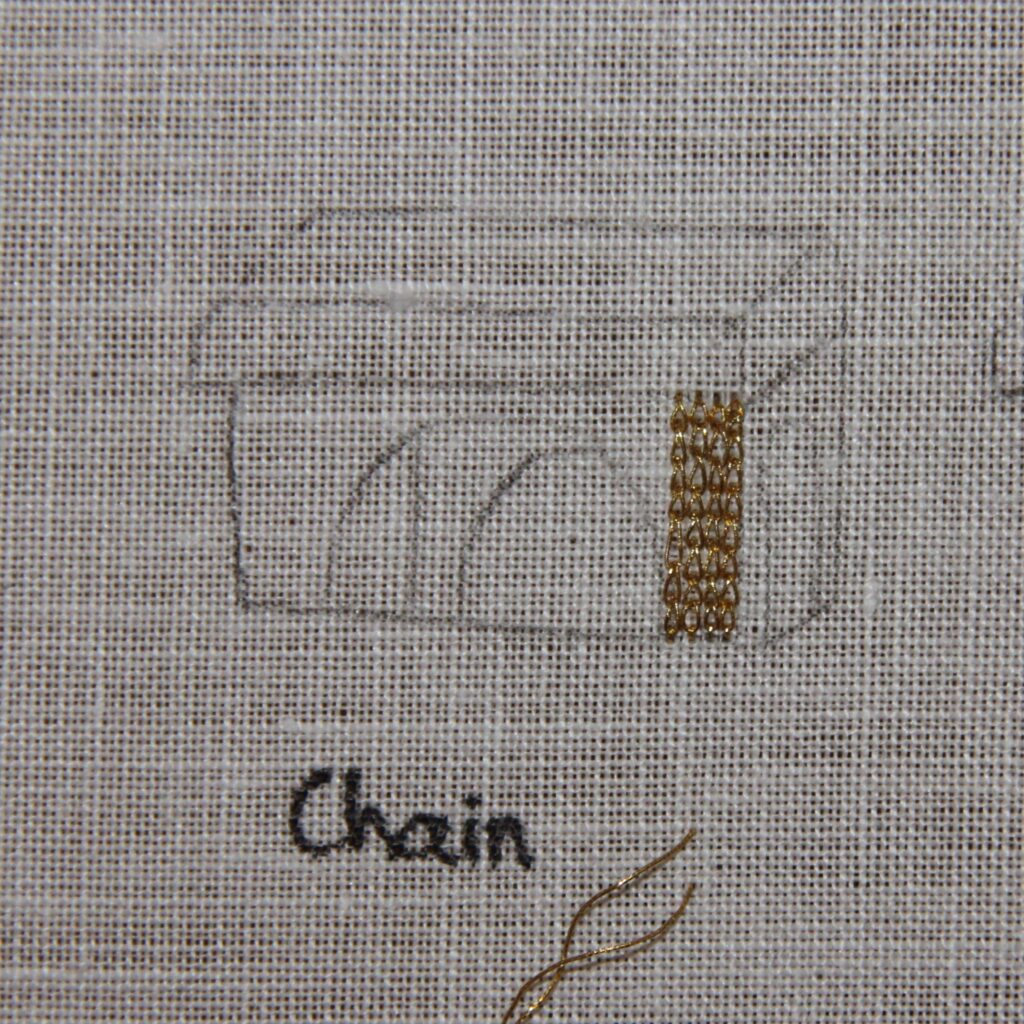 Embroidery stitch identification - Embroidery samples showing different embroidery stitches made with the same gold thread.