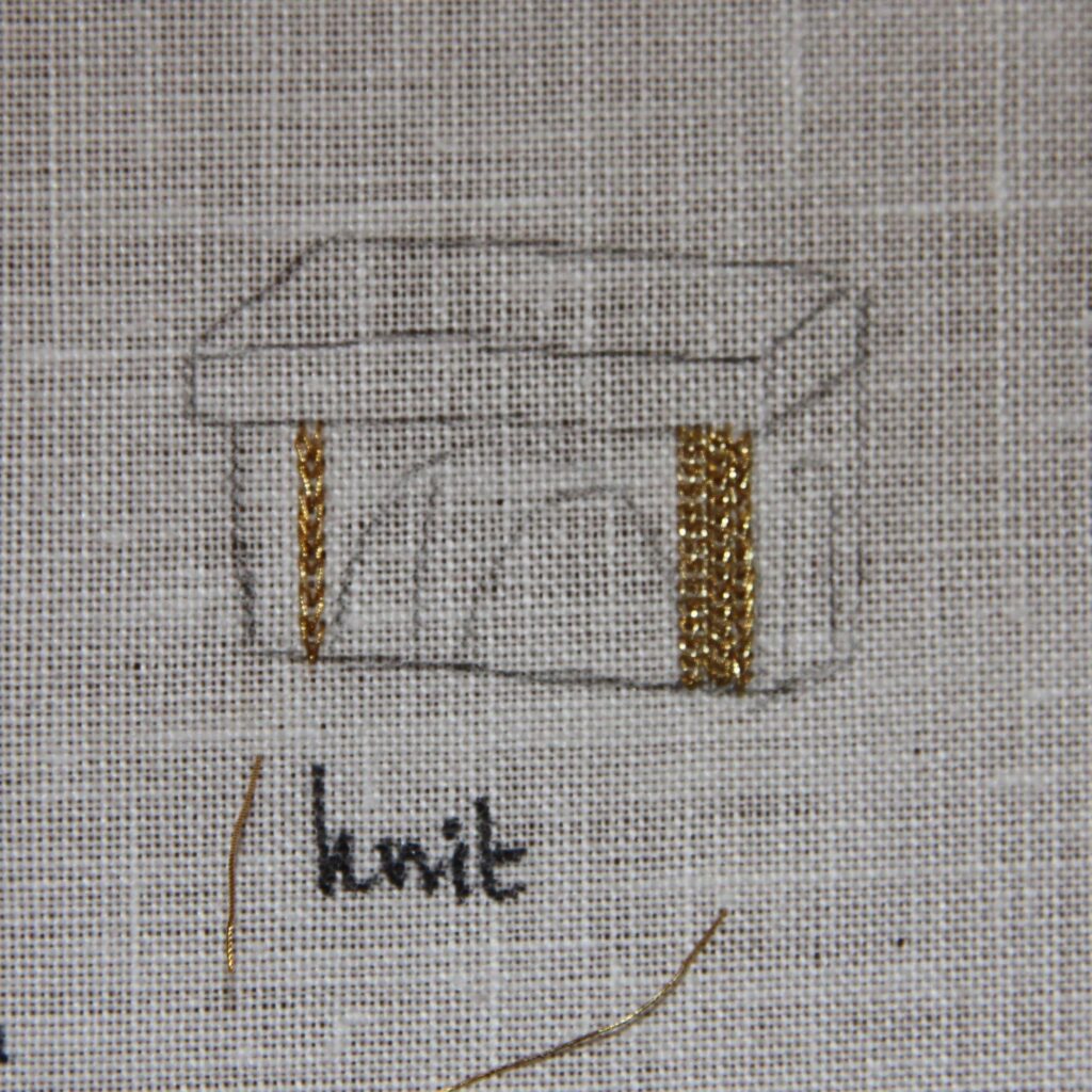 Embroidery stitch identification - Embroidery samples showing different embroidery stitches made with the same gold thread.