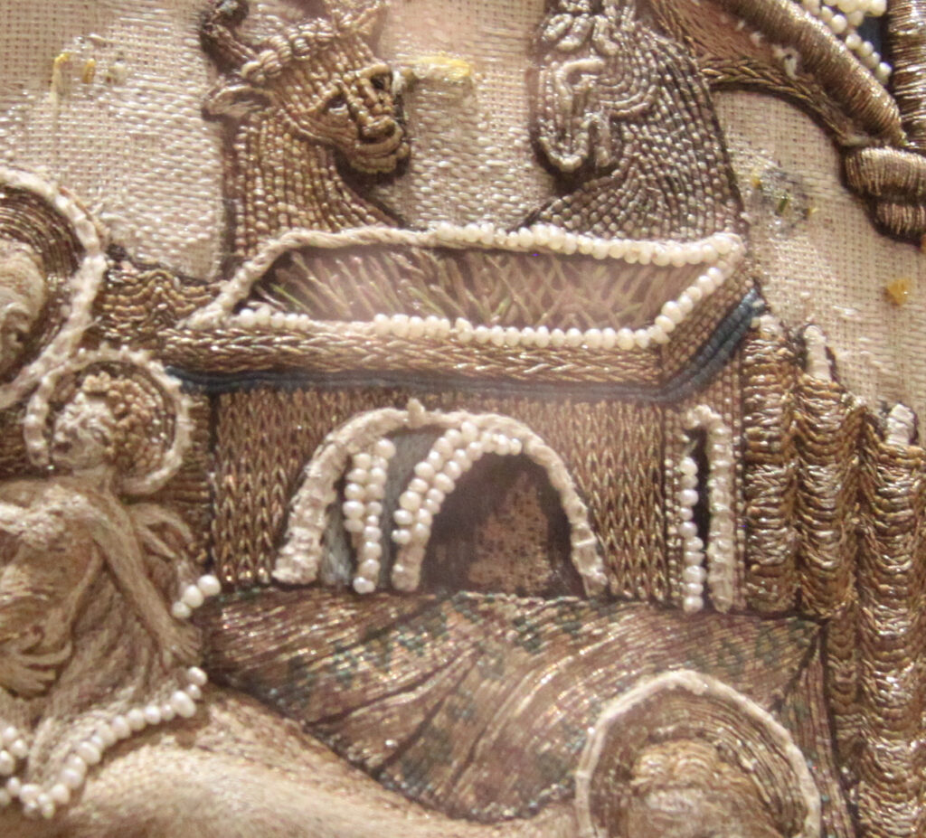 Detail with the embroidered manger on the Sainte-Chapelle mitre showing the unknown embroidery stitch.