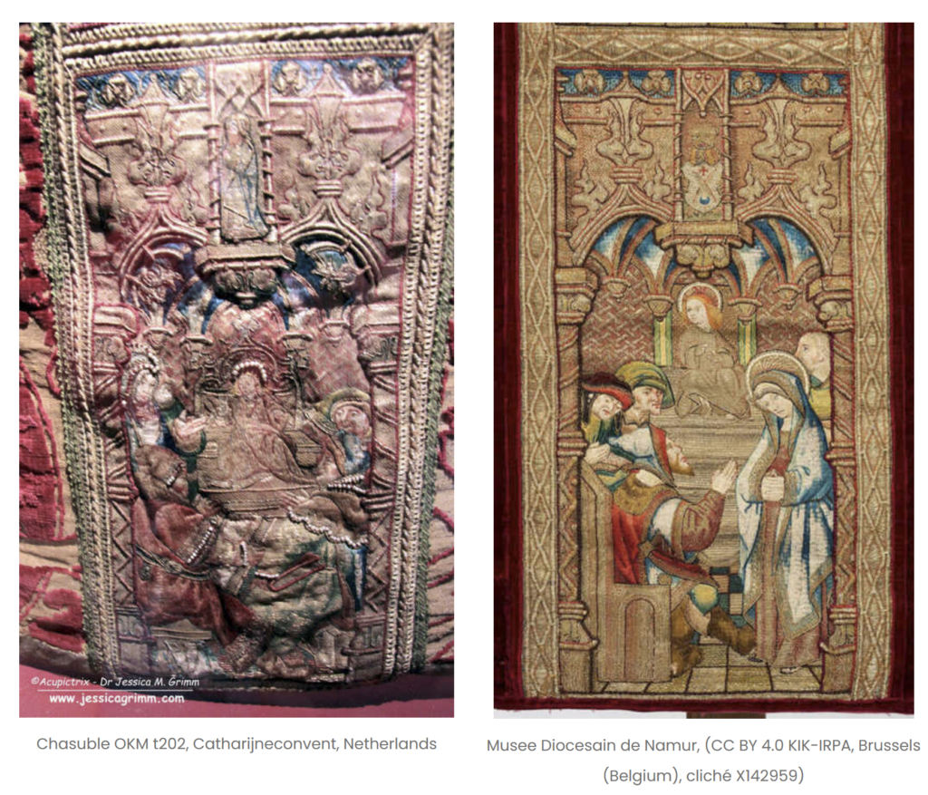 Late medieval embroidered vestments - scenes of the Christ amongst the Doctors.