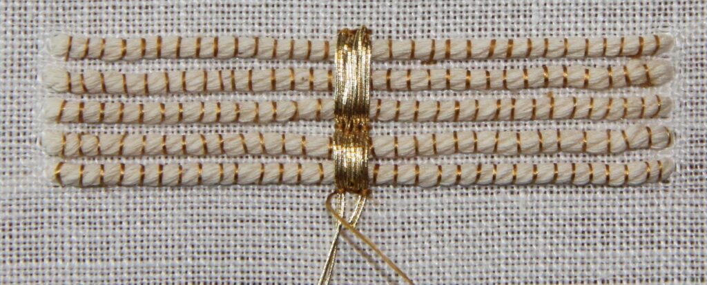 Medieval Goldwork Embroidery Tutorial - adding the couched gold threads