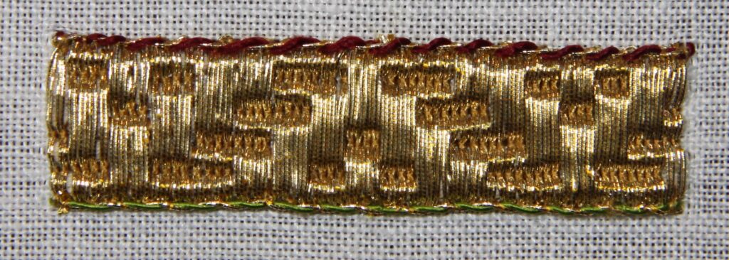 Medieval Goldwork Embroidery Tutorial - finished sample of textured orphrey panel border