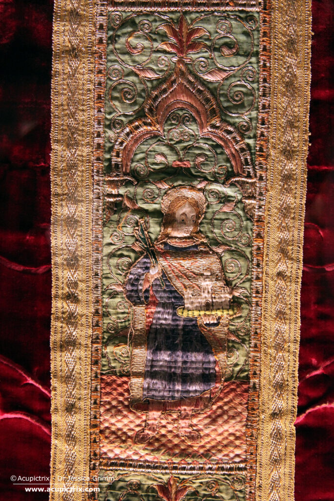 Embroidery - Orphrey panel with the male martyr on the chasuble from the parish church of Saints Philip the Apostle and James the Apostle, Azzone (Bergamo), Italy