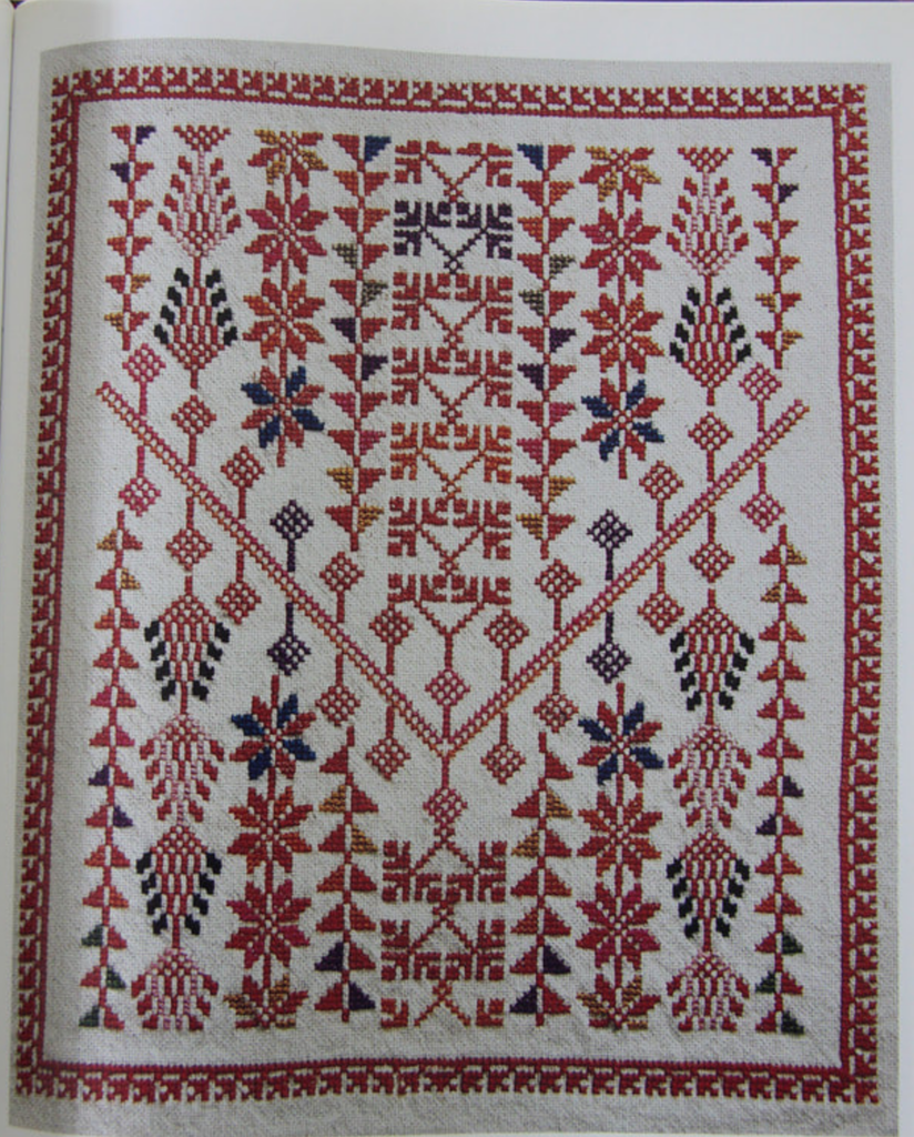 Fallahi embroidery - original crossstitch pattern in red and black on white linen