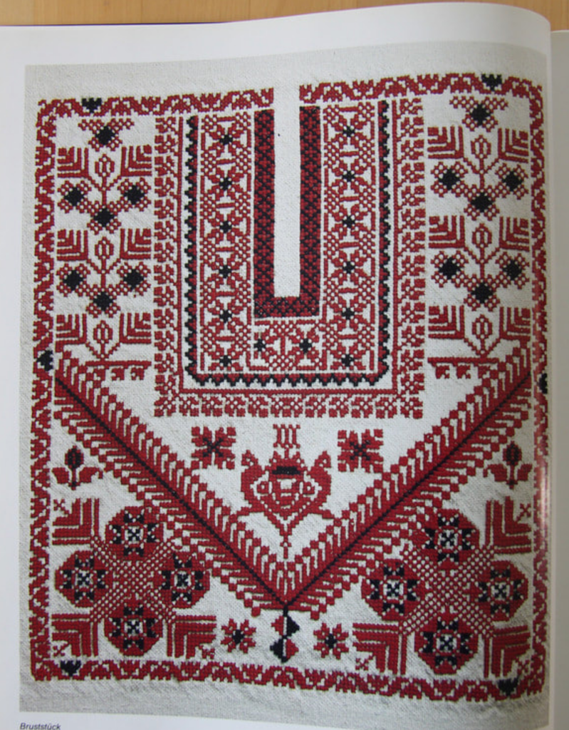 Fallahi embroidery - original crossstitch pattern in red and black on white linen