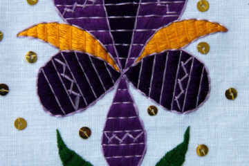 Linen Vestments Tyrol - embroidered pink and yellow pansy in silk on linen