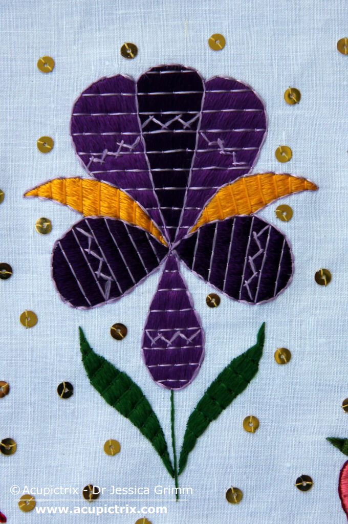 Linen Vestments Tyrol - embroidered pink and yellow pansy in silk on linen