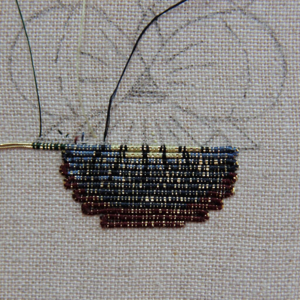 Goldwork Course - multicoloured embroidery in progress